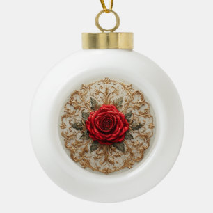 Elegante rote Rose mit aufwendigem goldenen Blumen Keramik Kugel-Ornament
