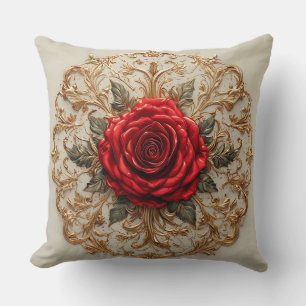 Elegante rote Rose mit aufwendigem goldenen Blumen Kissen
