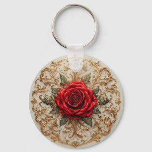 Elegante rote Rose mit aufwendigem goldenen Blumen Schlüsselanhänger