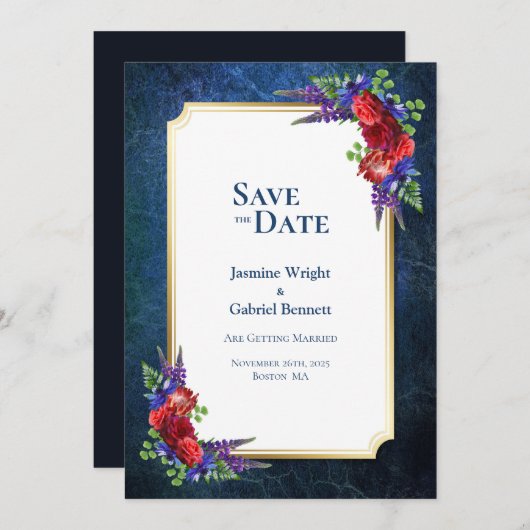 Elegante Rote Rose mit Goldbrasse-Hochzeit Save The Date (Vorne/Hinten)