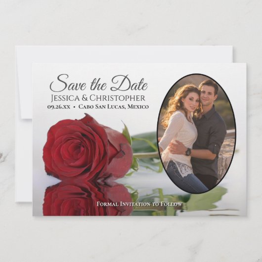 Elegante Rote Rose mit Oval Foto Hochzeit Save The Date (Vorderseite)
