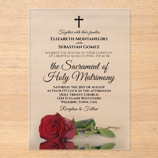Elegante Rote Rose Moderne katholische Hochzeit Acryleinladungen (Vorderseite)