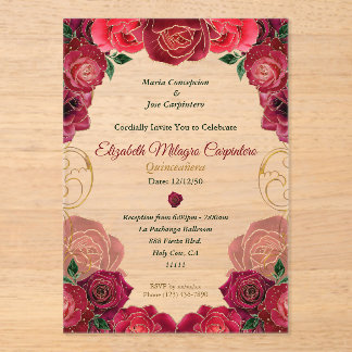 Elegante Rote Rose Quinceañera Modernes Flora 15 A Acryleinladungen