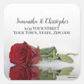 Elegante Rote Rose Reflections Wedding Address Lab Quadratischer Aufkleber (Vorderseite)