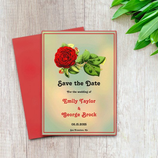 Elegante rote Rose Romantische gerahmte Blumenhoch Save The Date