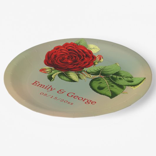 Elegante Rote Rose Romantische Sommerblumenhochzei Pappteller (Schrägansicht)