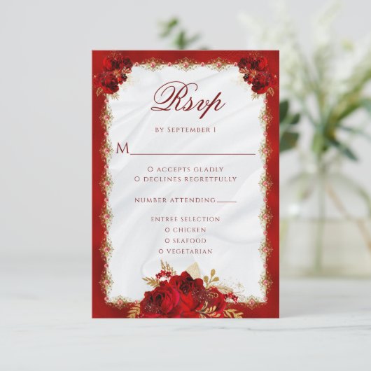 Elegante Rote Rose RSVP Karte (Stehend Vorderseite)