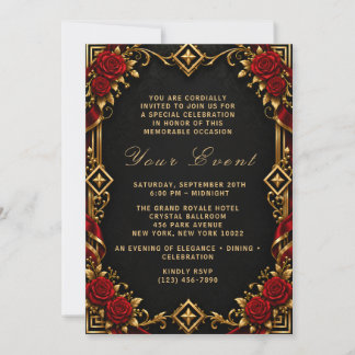 Elegante rote Rose schwarze Gold Einladung
