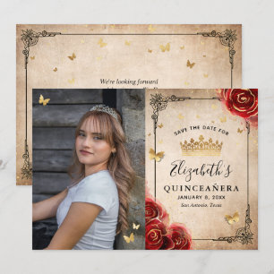 Elegante rote Rose schwarze und goldene Foto-Quinc Save The Date