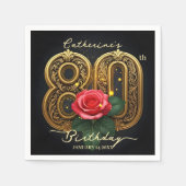 Elegante Rote Rose und Goldene Filigree 80. Geburt Serviette (Vorderseite)
