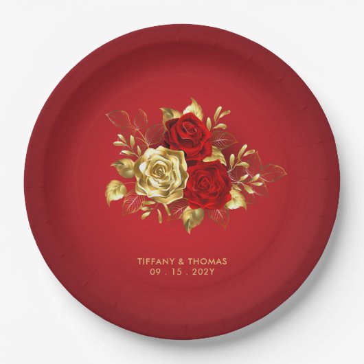 Elegante Rote Rose- und Goldhochzeit Pappteller (Vorderseite)