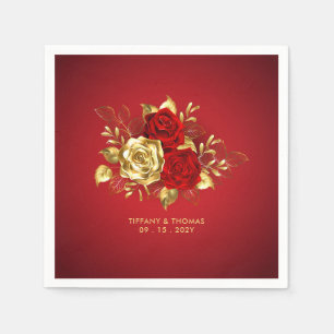Elegante Rote Rose- und Goldhochzeit Serviette
