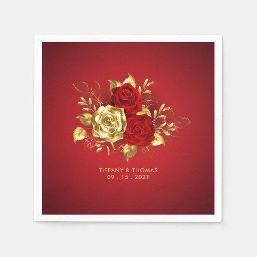 Elegante Rote Rose- und Goldhochzeit Serviette (Vorderseite)