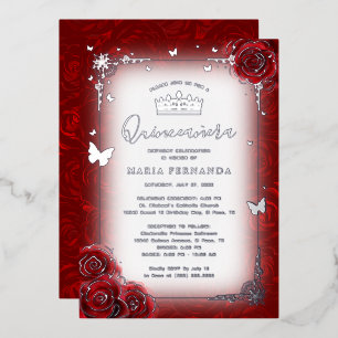 Elegante Rote Rose Wasserfarben Quinceanera Folieneinladung