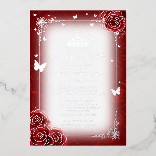 Elegante Rote Rose Wasserfarben Quinceanera Folieneinladung (Vorderseite)
