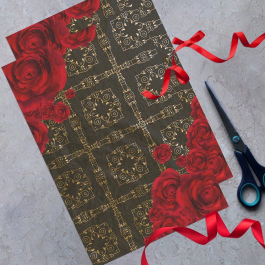 Elegante Rote Rosen auf Schwarz-Gold-Damaskus-Must Seidenpapier