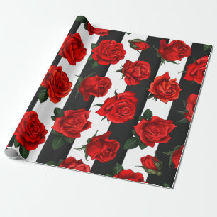 Elegante Rote Rosen auf Schwarz-Weiß-Streifen Geschenkpapier