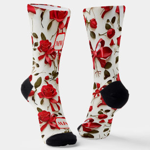 Elegante rote Rosen Bänder schlingen Monogramm Socken