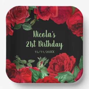 Elegante rote Rosen Blumen Geburtstagsfeier Pappteller