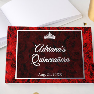 Elegante rote Rosen-Blumen-Quinceanera Silber Gästebuch