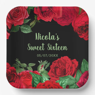 Elegante rote Rosen Blumen Sweet Sixteen Pappteller