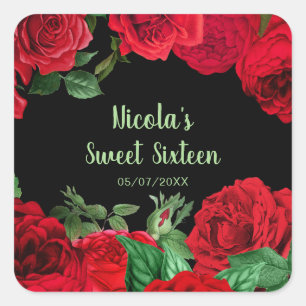Elegante rote Rosen Blumen Sweet Sixteen Quadratischer Aufkleber