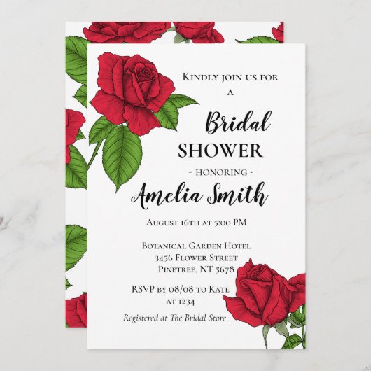 Elegante Rote Rosen Blumendusche Einladung (Vorne/Hinten)