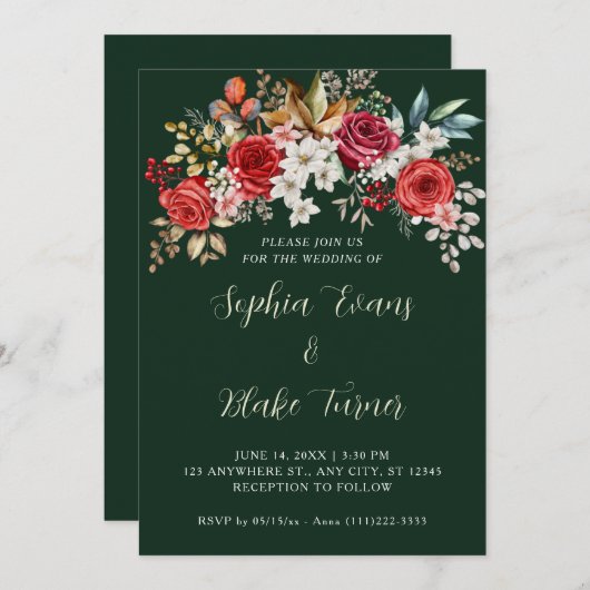 Elegante Rote Rosen Blumenfarben Grüne Hochzeit Einladung (Vorne/Hinten)