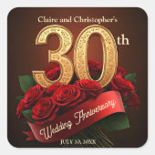Elegante Rote Rosen Bouquet 30. Hochzeitstag Quadratischer Aufkleber (Vorderseite)