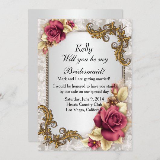 Elegante Rote Rosen Bridesmaid Card Einladung (Vorne/Hinten)
