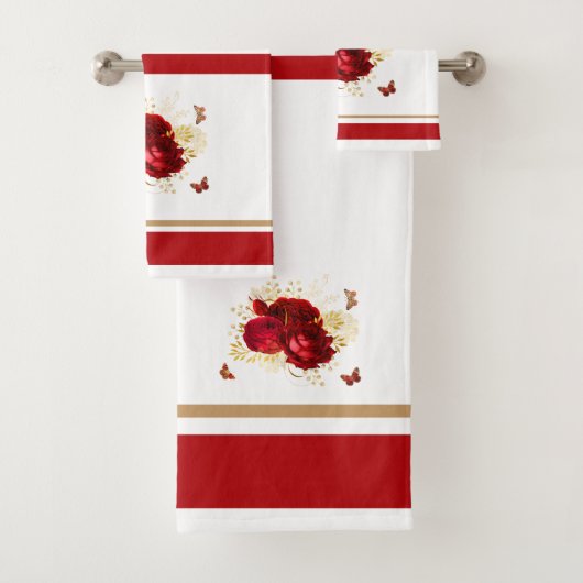 Elegante Rote Rosen Butterfly Gold Badhandtuch Set (Insitu)