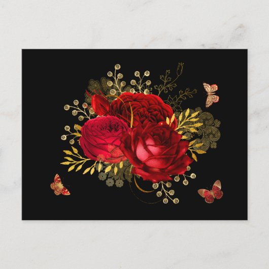 Elegante Rote Rosen Butterfly Gold Postkarte (Vorderseite)