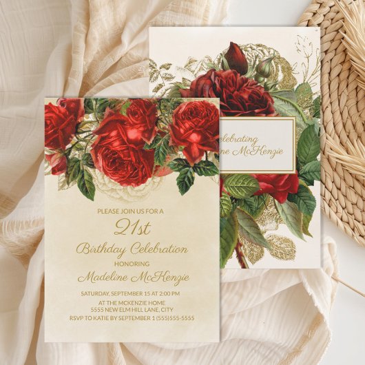 Elegante Rote Rosen Champagne 21. Geburtstag Einladung