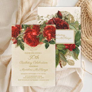 Elegante Rote Rosen Champagne 30. Geburtstag Einladung