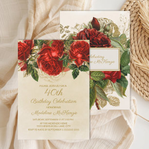Elegante Rote Rosen Champagne 40. Geburtstag Einladung