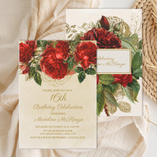 Elegante rote Rosen Champagner 16. Geburtstag Einladung