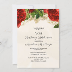 Elegante rote Rosen Creme 90. Geburtstagseinladung Einladung