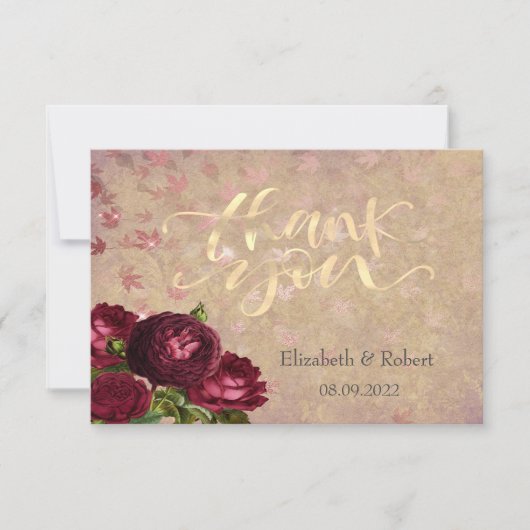 Elegante Rote Rosen Fallende Blätter Danke Karte (Vorderseite)