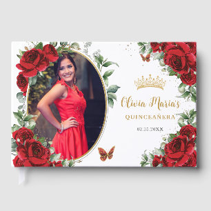 Elegante Rote Rosen Floral Gold Quinceanera Foto Gästebuch