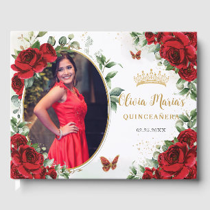 Elegante Rote Rosen Floral Gold Quinceanera Foto Gästebuch