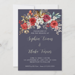Elegante rote Rosen Floral Schiefergraue Hochzeit Einladung
