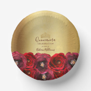 Elegante rote Rosen Florale goldene Krone Quinceañ Pappteller