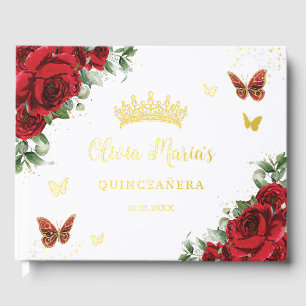 Elegante rote Rosen Florale Schmetterlinge Quincea Gästebuch