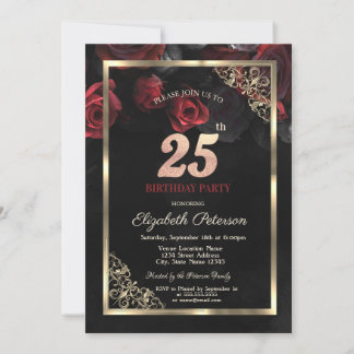 Elegante Rote Rosen Frame Black 25. Geburtstag Einladung