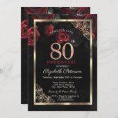 Elegante Rote Rosen Frame Black 80. Geburtstag Einladung (Vorne/Hinten)