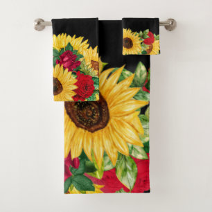 Elegante rote Rosen gelbe Sonnenblumen Schwarz   Badhandtuch Set