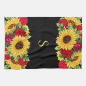 Elegante Rote Rosen Gelbe Sonnenblumen Schwarzes M Geschirrtuch (Horizontal)