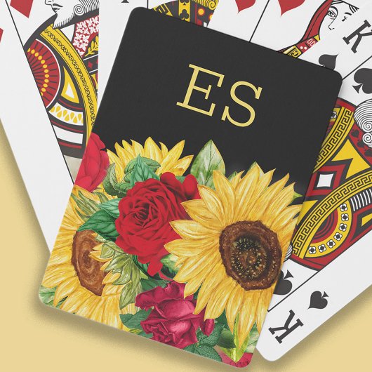 Elegante Rote Rosen Gelbe Sonnenblumen Schwarzes M Spielkarten