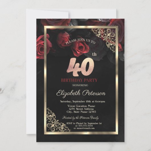 Elegante Rote Rosen gestalten Schwarz zum 40. Gebu Einladung (Vorderseite)