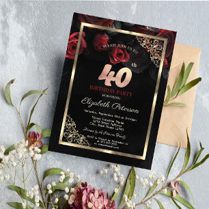 Elegante Rote Rosen gestalten Schwarz zum 40. Gebu Einladung